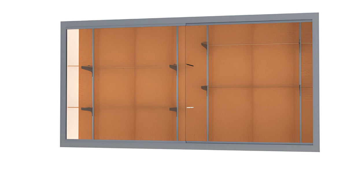 Recessed Wall Display Case w/ Cork Back and Satin Natural Aluminum Frame, 48"H X 96"W X 16"D