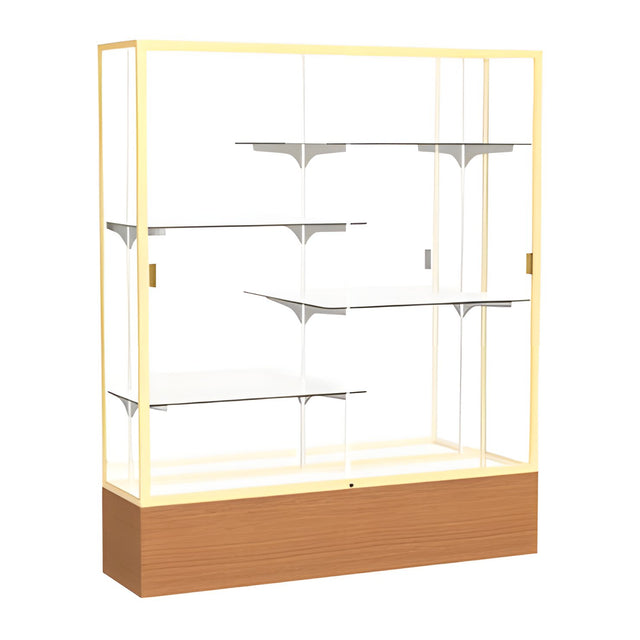 Reliant Carmel Oak case, Mirror Back w/ Champagne aluminum frame finish, 72"H x 60"W x 16"D