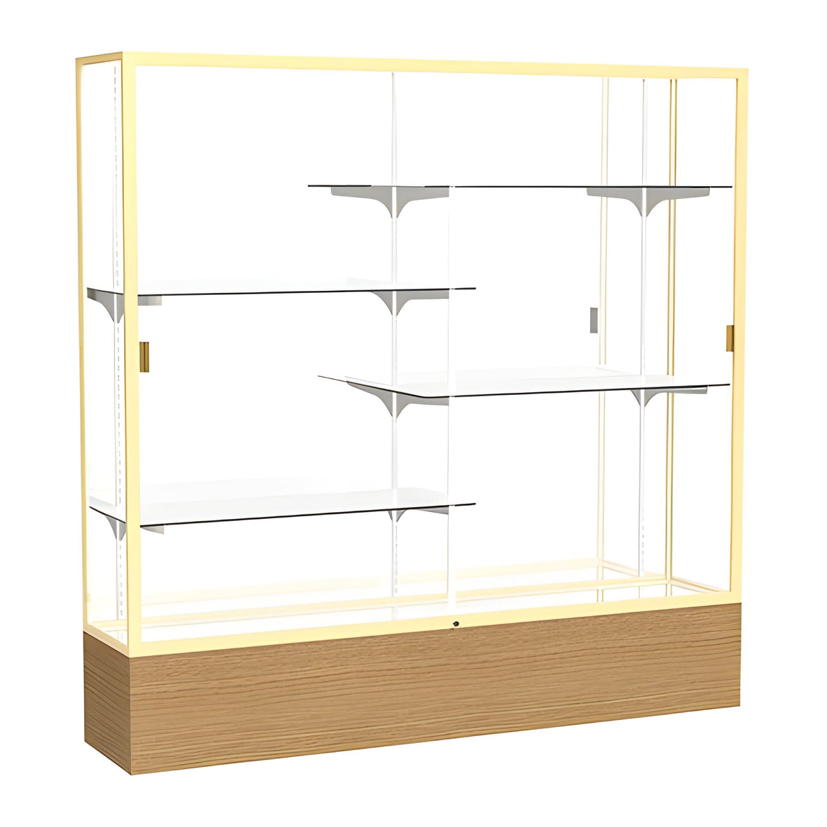 Reliant Carmel Oak case, Mirror Back w/ Champagne aluminum frame finish, 72"H x 72"W x 16"D