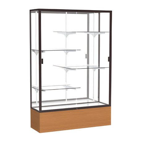 Reliant Carmel Oak case, Mirror Back w/ Dark Bronze aluminum frame finish, 72"H x 48"W x 16"D