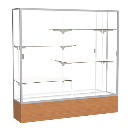 Reliant Carmel Oak case, Mirror Back w/ Satin Natural aluminum frame finish, 72"H x 72"W x 16"D