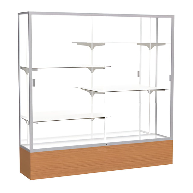Reliant Carmel Oak case, Mirror Back w/ Satin Natural aluminum frame finish, 72"H x 72"W x 16"D