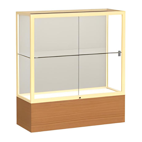 Reliant Carmel Oak case, Plaque Fabric Back w/ Champagne aluminum frame finish, 40"H x 36"W x 14"D