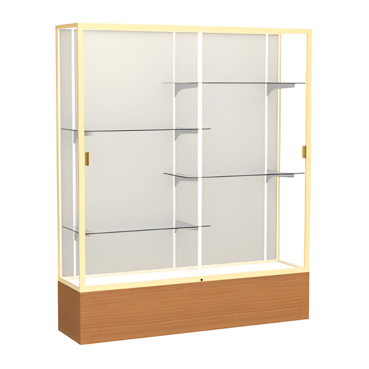 Reliant Carmel Oak case, Plaque Fabric Back w/ Champagne aluminum frame finish, 72"H x 60"W x 16"D
