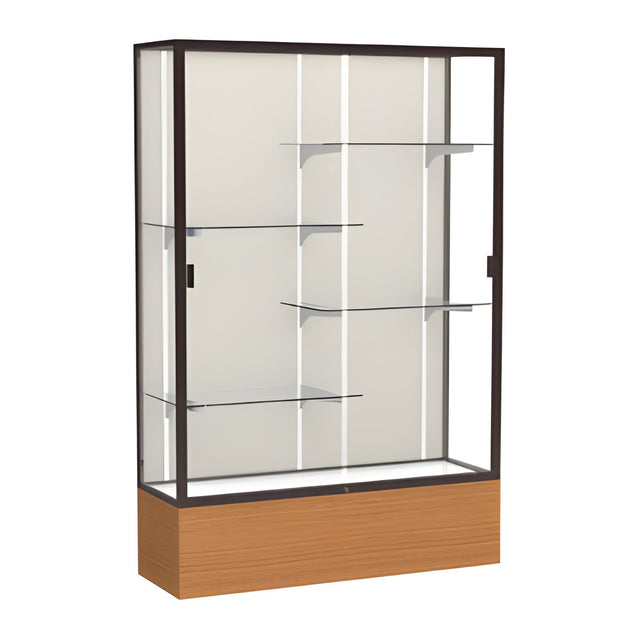 Reliant Carmel Oak case, Plaque Fabric Back w/ Dark Bronze aluminum frame finish, 72"H x 48"W x 16"D