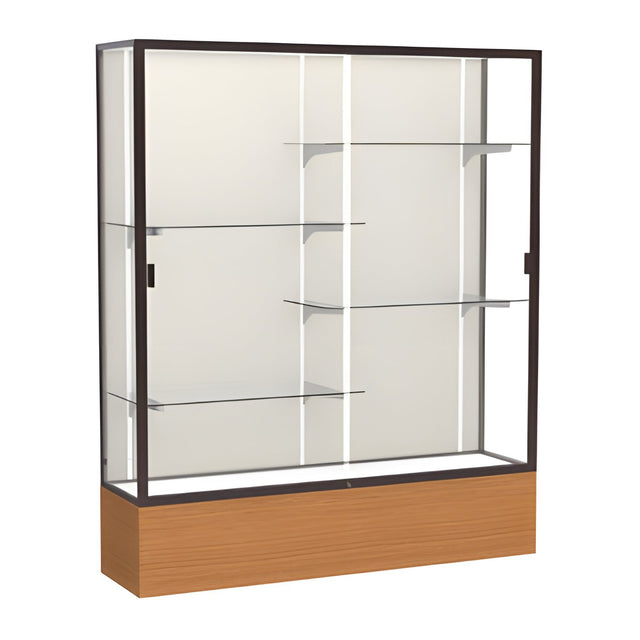 Reliant Carmel Oak case, Plaque Fabric Back w/ Dark Bronze aluminum frame finish, 72"H x 60"W x 16"D