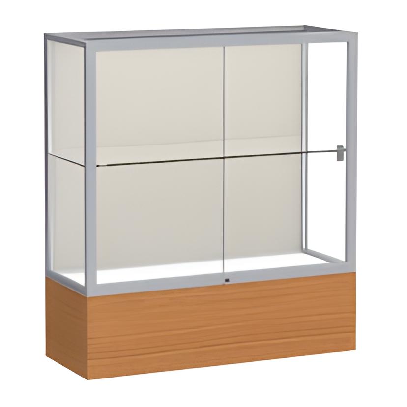 Reliant Carmel Oak case, Plaque Fabric Back w/ Satin Natural aluminum frame finish, 40"H x 36"W x 14"D