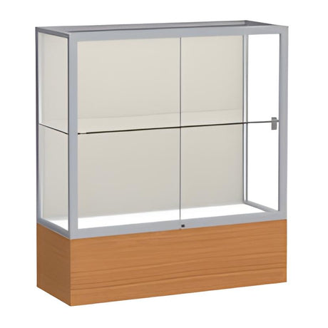 Reliant Carmel Oak case, Plaque Fabric Back w/ Satin Natural aluminum frame finish, 40"H x 36"W x 14"D