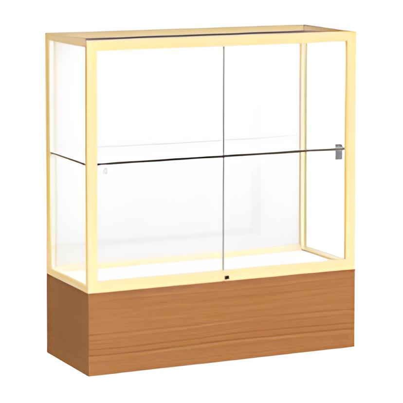 Reliant Carmel Oak case, White Laminate Back w/ Champagne aluminum frame finish, 40"H x 36"W x 14"D