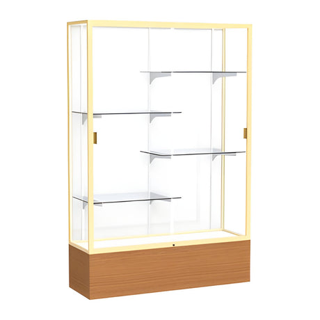 Reliant Carmel Oak case, White Laminate Back w/ Champagne aluminum frame finish, 72"H x 48"W x 16"D