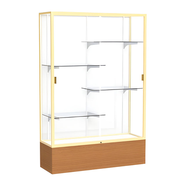 Reliant Carmel Oak case, White Laminate Back w/ Champagne aluminum frame finish, 72"H x 48"W x 16"D
