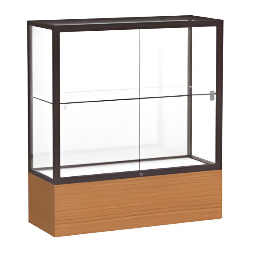 Reliant Carmel Oak case, White Laminate Back w/ Dark Bronze aluminum frame finish, 40"H x 36"W x 14"D
