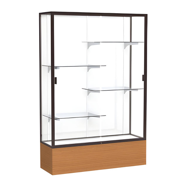 Reliant Carmel Oak case, White Laminate Back w/ Dark Bronze aluminum frame finish, 72"H x 48"W x 16"D
