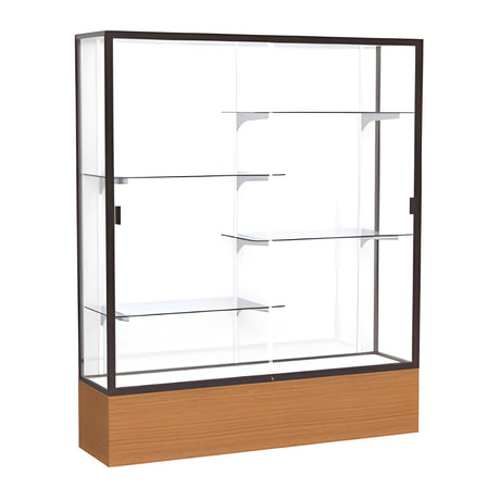 Reliant Carmel Oak case, White Laminate Back w/ Dark Bronze aluminum frame finish, 72"H x 60"W x 16"D