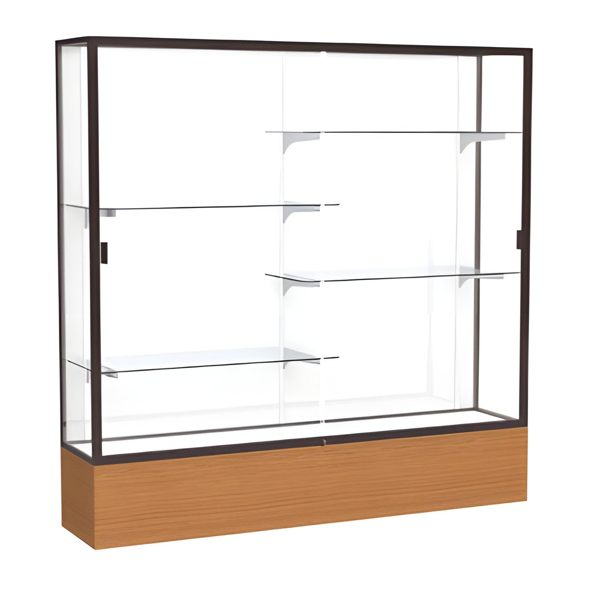 Reliant Carmel Oak case, White Laminate Back w/ Dark Bronze aluminum frame finish, 72"H x 72"W x 16"D