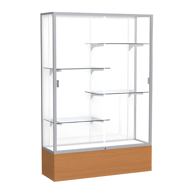 Reliant Carmel Oak case, White Laminate Back w/ Satin Natural aluminum frame finish, 72"H x 48"W x 16"D