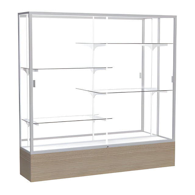 Reliant Driftwood Oak case, Mirror Back w/ Satin Natural aluminum frame finish, 72"H x 72"W x 16"D