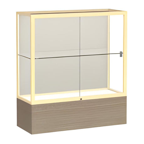 Reliant Driftwood Oak case, Plaque Fabric Back w/ Champagne aluminum frame finish, 40"H x 36"W x 14"D