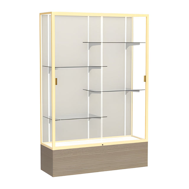 Reliant Driftwood Oak case, Plaque Fabric Back w/ Champagne aluminum frame finish, 72"H x 48"W x 16"D