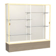 Reliant Driftwood Oak case, Plaque Fabric Back w/ Champagne aluminum frame finish, 72"H x 72"W x 16"D