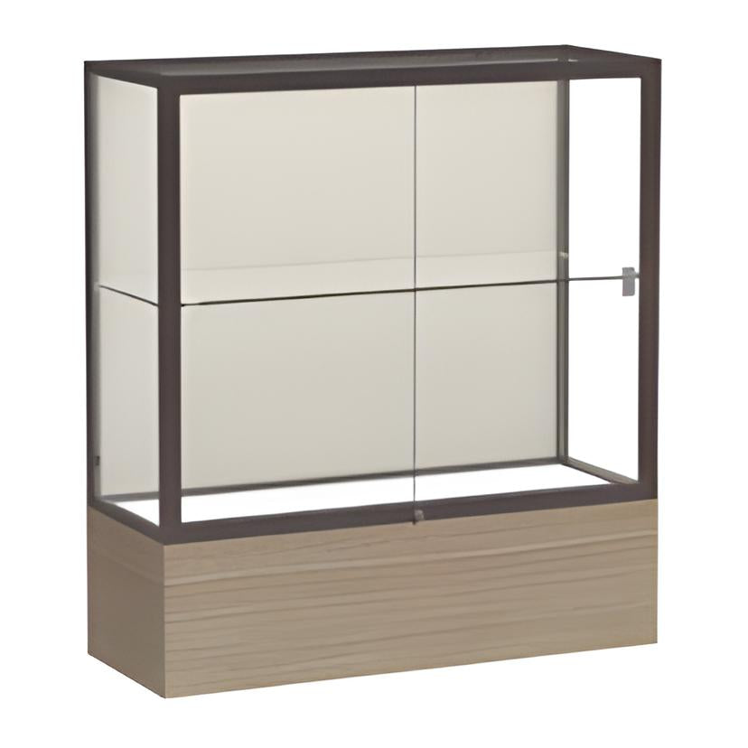Reliant Driftwood Oak case, Plaque Fabric Back w/ Dark Bronze aluminum frame finish, 40"H x 36"W x 14"D