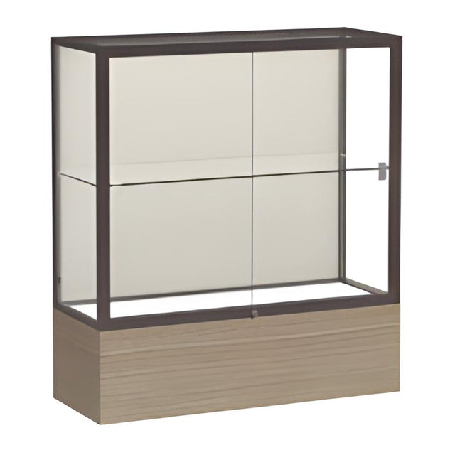 Reliant Driftwood Oak case, Plaque Fabric Back w/ Dark Bronze aluminum frame finish, 40"H x 36"W x 14"D