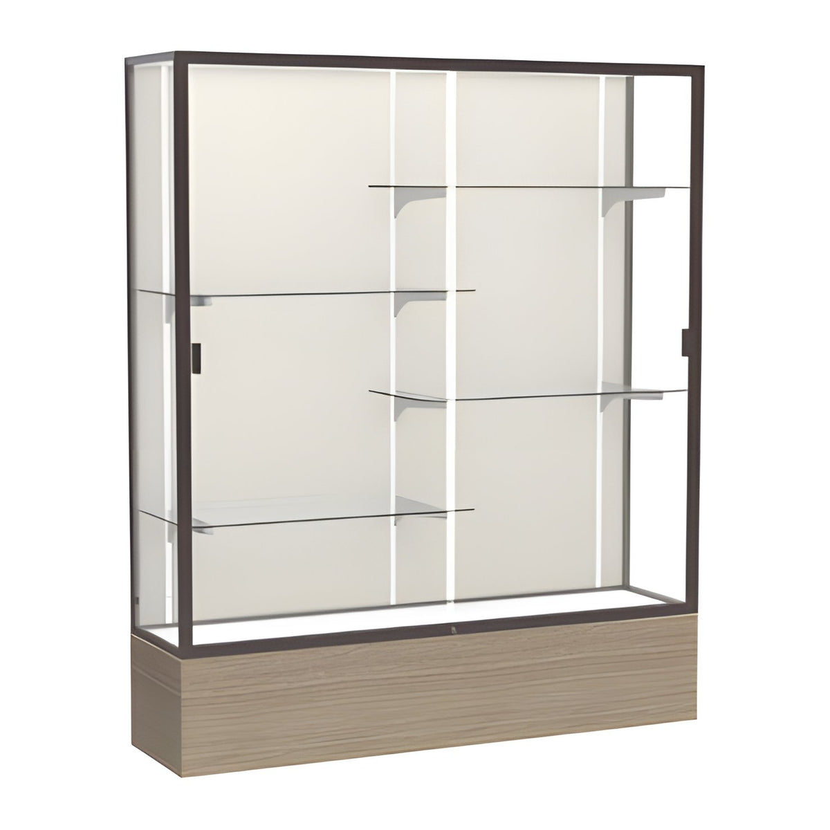 Reliant Driftwood Oak case, Plaque Fabric Back w/ Dark Bronze aluminum frame finish, 72"H x 60"W x 16"D