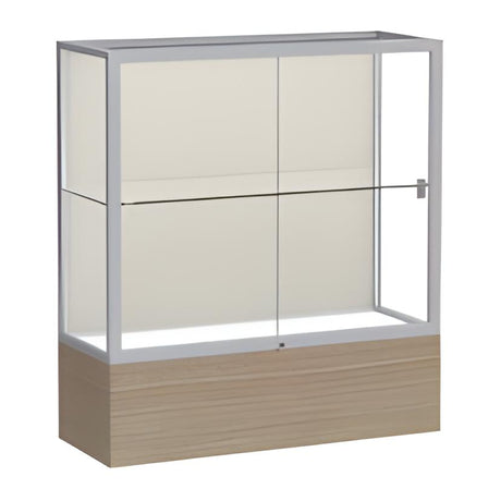 Reliant Driftwood Oak case, Plaque Fabric Back w/ Satin Natural aluminum frame finish, 40"H x 36"W x 14"D