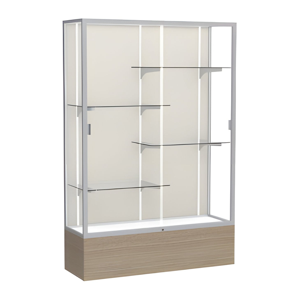 Reliant Driftwood Oak case, Plaque Fabric Back w/ Satin Natural aluminum frame finish, 72"H x 48"W x 16"D