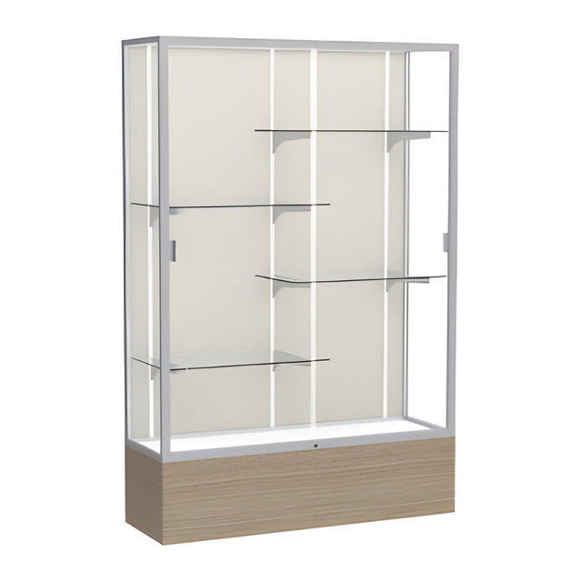 Reliant Driftwood Oak case, Plaque Fabric Back w/ Satin Natural aluminum frame finish, 72"H x 48"W x 16"D