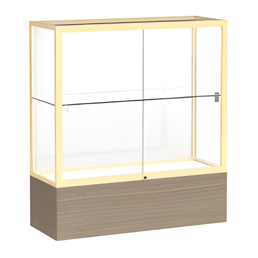 Reliant Driftwood Oak case, White Laminate Back w/ Champagne aluminum frame finish, 40"H x 36"W x 14"D