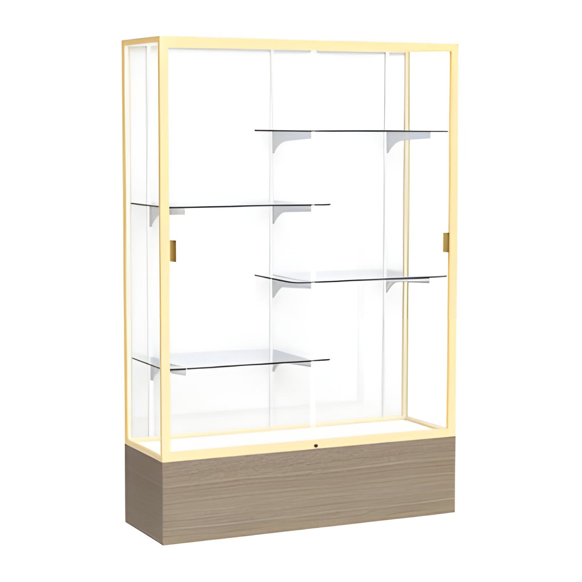 Reliant Driftwood Oak case, White Laminate Back w/ Champagne aluminum frame finish, 72"H x 48"W x 16"D