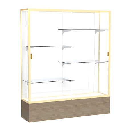 Reliant Driftwood Oak case, White Laminate Back w/ Champagne aluminum frame finish, 72"H x 60"W x 16"D
