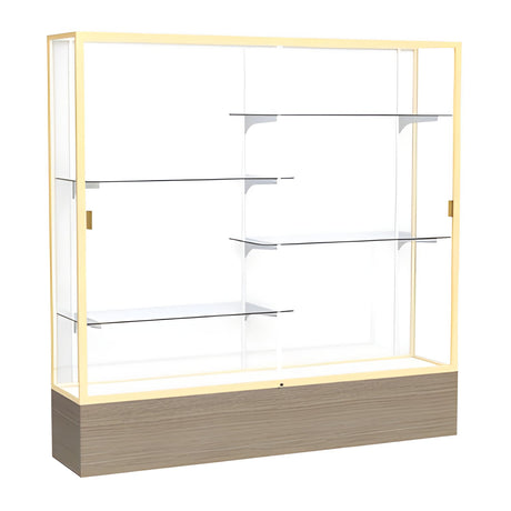 Reliant Driftwood Oak case, White Laminate Back w/ Champagne aluminum frame finish, 72"H x 72"W x 16"D