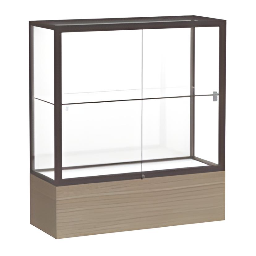 Reliant Driftwood Oak case, White Laminate Back w/ Dark Bronze aluminum frame finish, 40"H x 36"W x 14"D