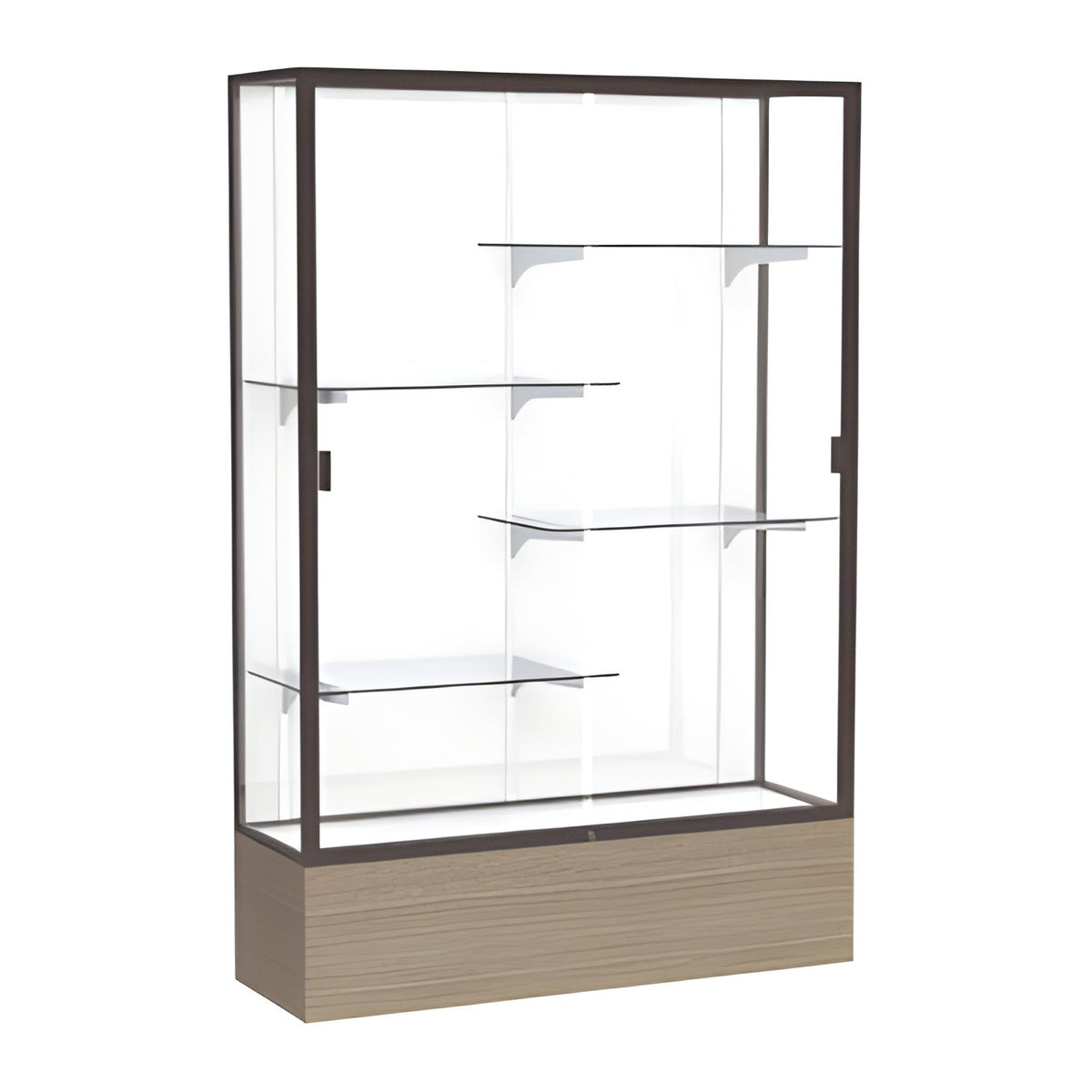 Reliant Driftwood Oak case, White Laminate Back w/ Dark Bronze aluminum frame finish, 72"H x 48"W x 16"D