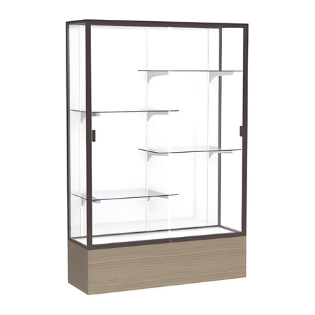 Reliant Driftwood Oak case, White Laminate Back w/ Dark Bronze aluminum frame finish, 72"H x 48"W x 16"D