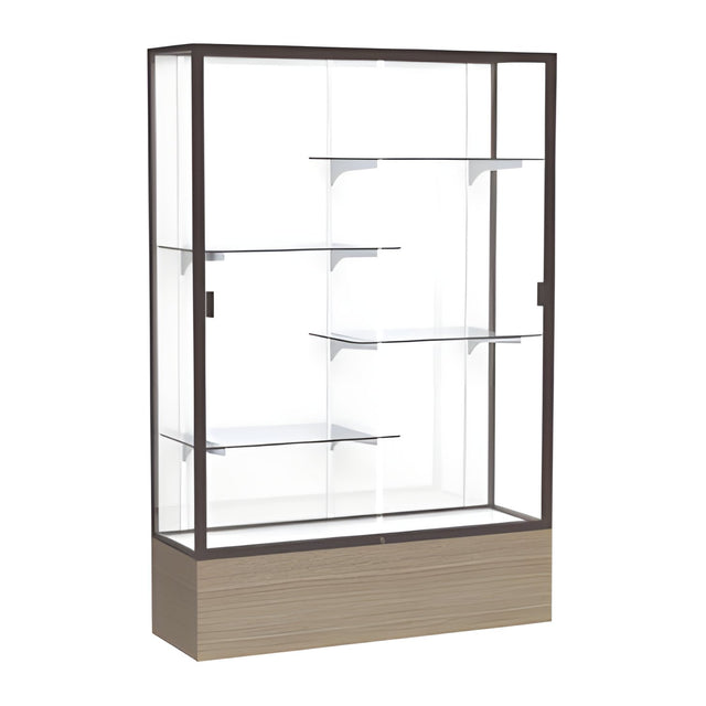 Reliant Driftwood Oak case, White Laminate Back w/ Dark Bronze aluminum frame finish, 72"H x 48"W x 16"D