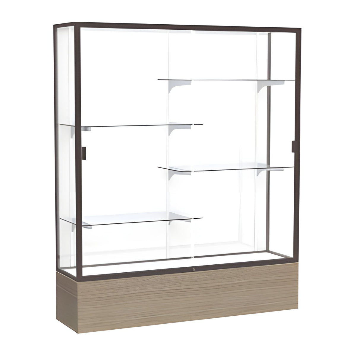 Reliant Driftwood Oak case, White Laminate Back w/ Dark Bronze aluminum frame finish, 72"H x 60"W x 16"D