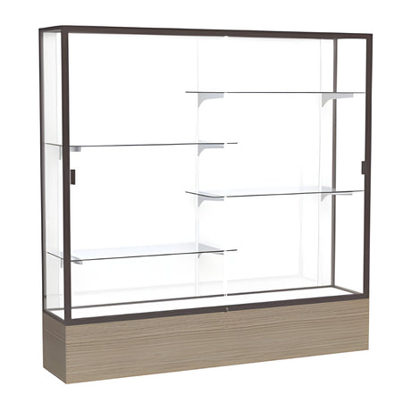 Reliant Driftwood Oak case, White Laminate Back w/ Dark Bronze aluminum frame finish, 72"H x 72"W x 16"D
