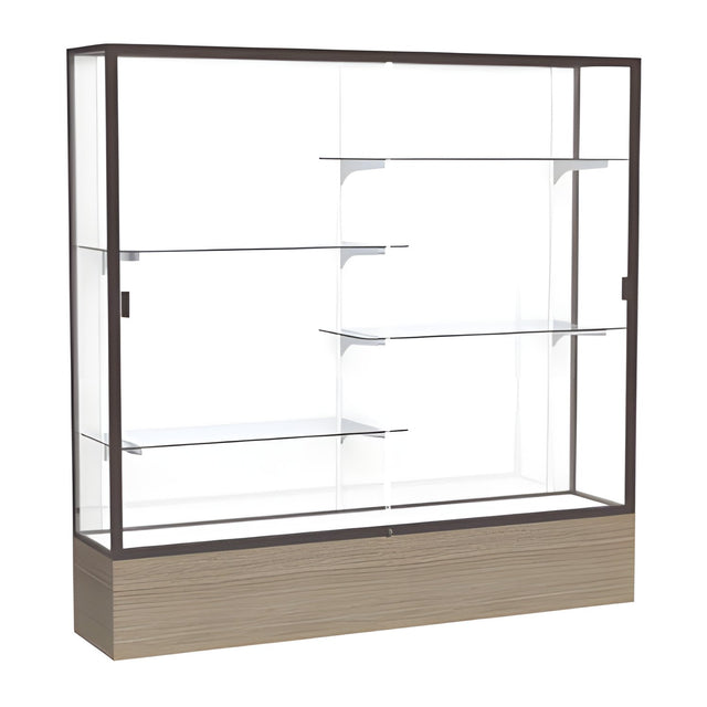 Reliant Driftwood Oak case, White Laminate Back w/ Dark Bronze aluminum frame finish, 72"H x 72"W x 16"D