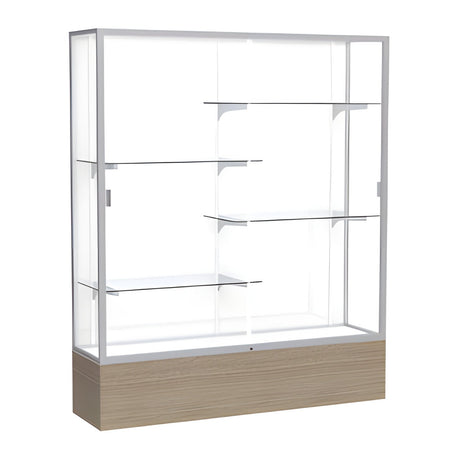 Reliant Driftwood Oak case, White Laminate Back w/ Satin Natural aluminum frame finish, 72"H x 60"W x 16"D