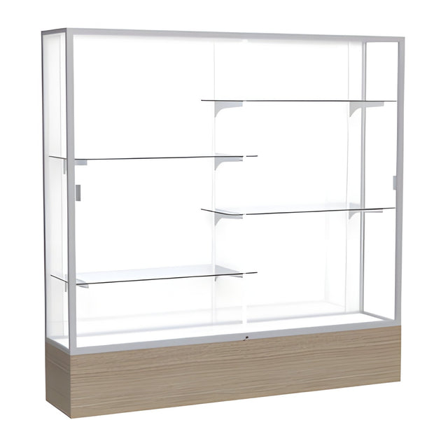 Reliant Driftwood Oak case, White Laminate Back w/ Satin Natural aluminum frame finish, 72"H x 72"W x 16"D