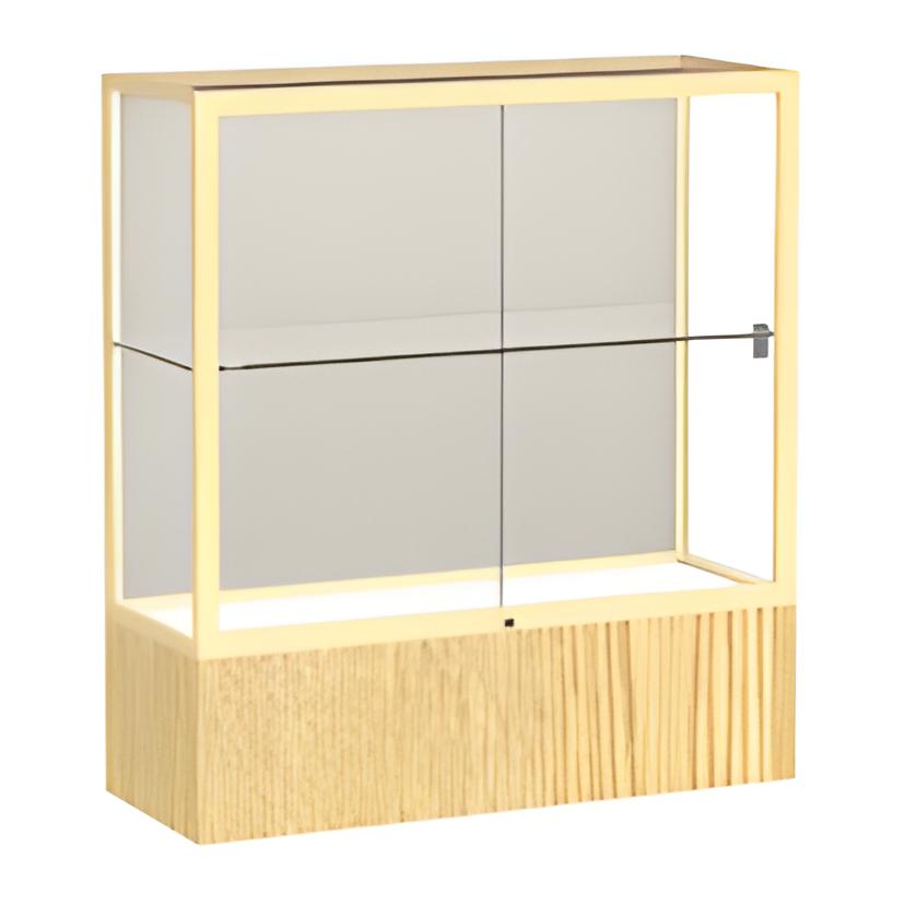 Reliant Light Oak Vinyl case, Plaque Fabric Back w/ Champagne aluminum frame finish, 40"H x 36"W x 14"D