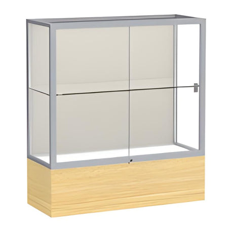 Reliant Light Oak Vinyl case, Plaque Fabric Back w/ Satin Natural aluminum frame finish, 40"H x 36"W x 14"D