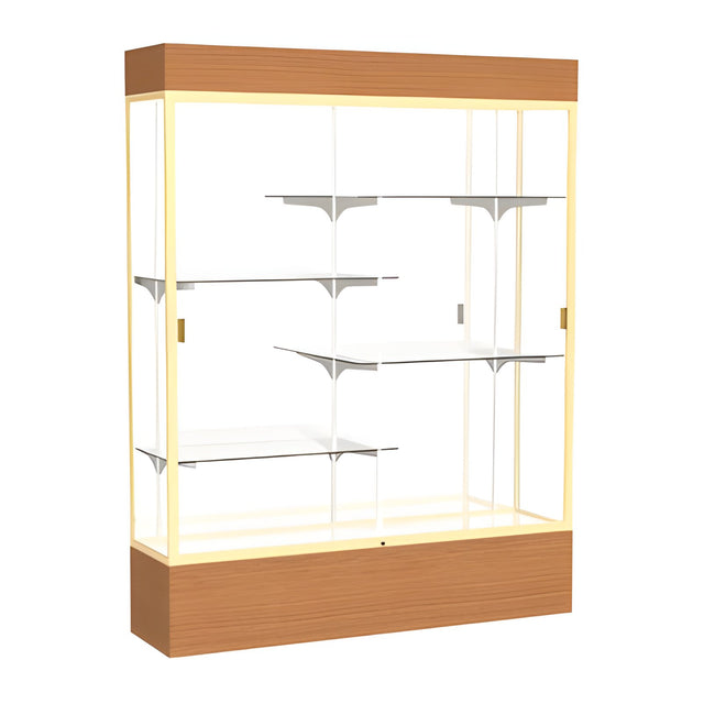 Reliant Lighted Carmel Oak case, Mirror Back w/ Champagne aluminum frame finish, 80"H x 60"W x 16"D