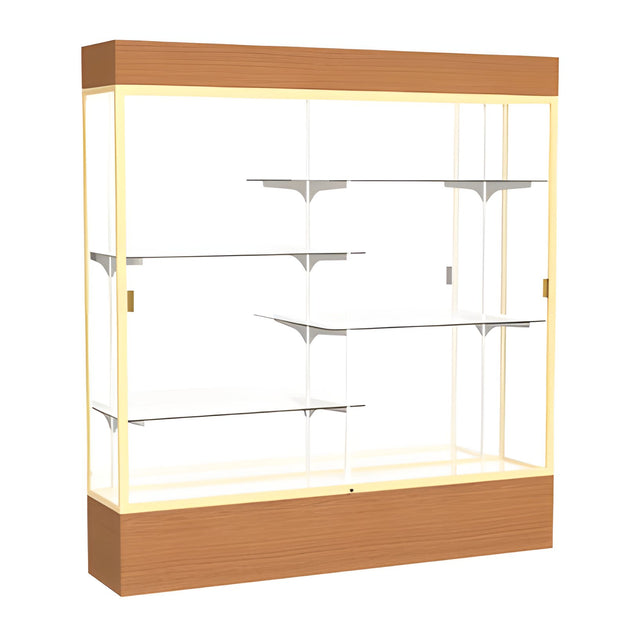 Reliant Lighted Carmel Oak case, Mirror Back w/ Champagne aluminum frame finish, 80"H x 72"W x 16"D