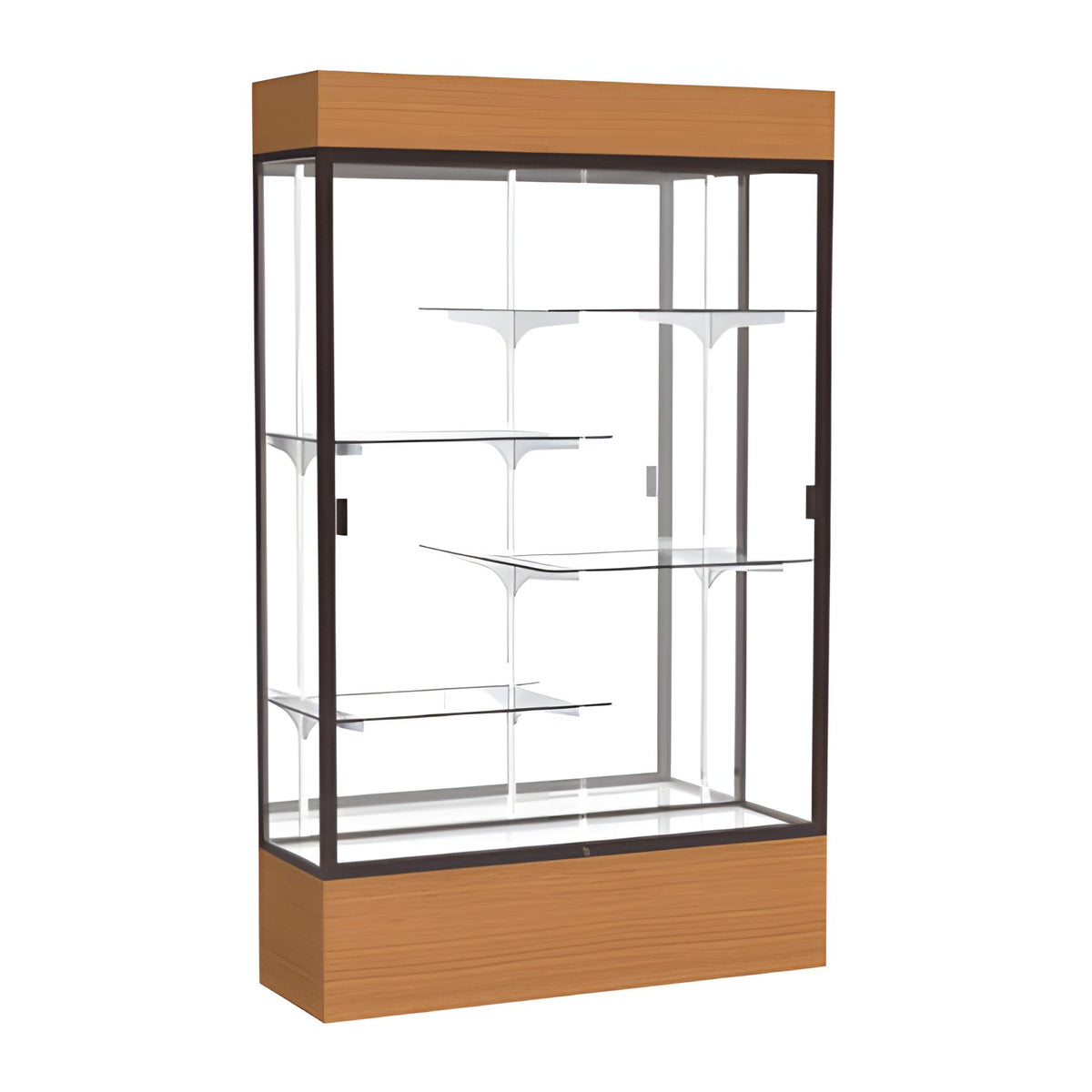Reliant Lighted Carmel Oak case, Mirror Back w/ Dark Bronze aluminum frame finish, 80"H x 48"W x 16"D