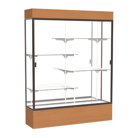 Reliant Lighted Carmel Oak case, Mirror Back w/ Dark Bronze aluminum frame finish, 80"H x 60"W x 16"D