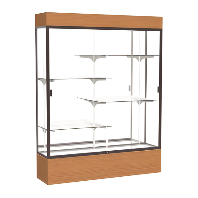 Reliant Lighted Carmel Oak case, Mirror Back w/ Dark Bronze aluminum frame finish, 80"H x 60"W x 16"D